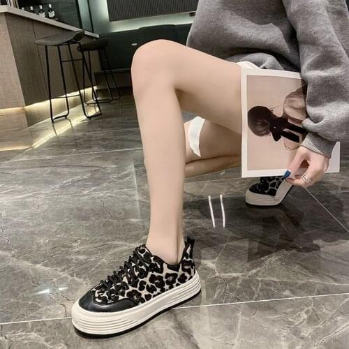 ZEEKSON 2021 New Leopard Print Canvas Shoes Ladies All-match Thick-soled Shoes Student Black Increased Lace-up Woman Shoes