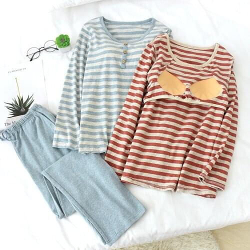 Fdfklak Cotton Pajamas For Women New Long Sleeve Red/Blue Striped Sleeping Suit Nightware Women Nighty Pijama Femme Sleepwear