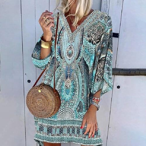 Summer Holiday Dress Women V-neck Beach Printing Leisure Time On Vacation Long Sleeves Dress Casual Loose Mini Dress Платье @40