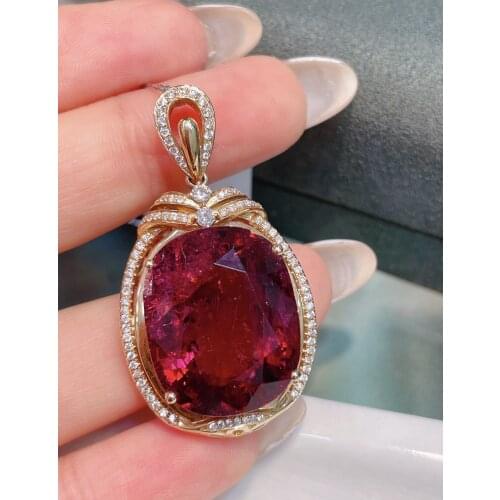 LR Rubillite Tourmaline Pendant Real 18K Gold Natural Rubillite Tourmaline 24.9 Gemstones Diamond Pendant Necklace