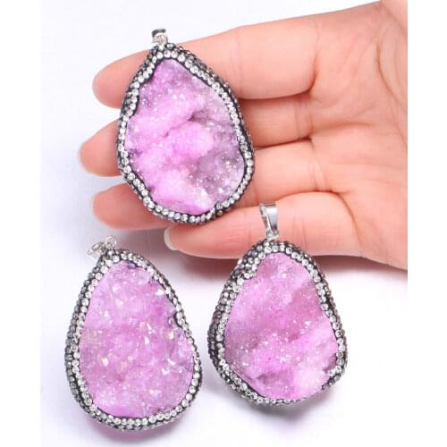 Natural stone Pink quartz crystal Stone Pendant agates Druzy pendulum charm Necklace pendants jewelry making Reiki Healing Gift