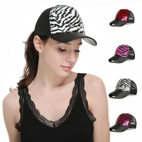 SIMPLESHOW Glitter Ponytail Baseball Cap Women Snapback Hip Hop Caps Female Sequins Shine Summer Hats Mesh Outdoor Hat Bone