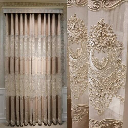 Luxury Semi-Blackout Embroidery Curtains for Living Room Nordic Chenille Finished Product Flower Beige Tulle for Villa HM140#VT