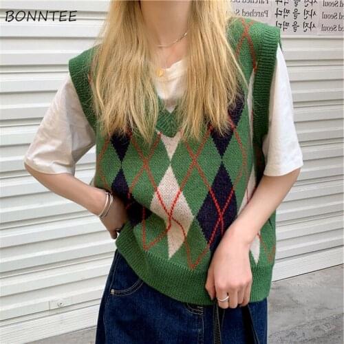 Sweater Vests Women Lovely Korean Preppy Style Ladies Argyle Retro Hipster Ulzzang Popular Clothing Teens Knitwear Female Spring