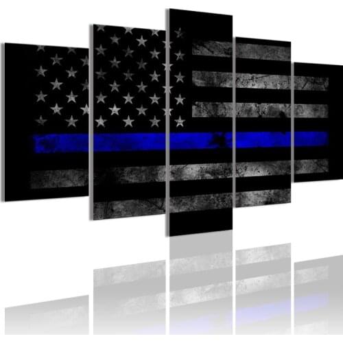 Vintage Thin Blue Line USA Flag 5 Panels Canvas Painting HD Posters Wall Art Print Picture Living Room Interior Home Decor Frame