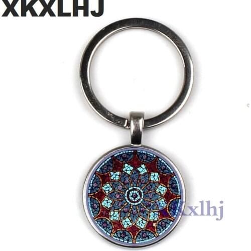XKXLHJ Vintage Fashion Men Women Mandala Glass Cabochon Keychain Buddhism Zen Charm Purse Bag Car Pendant Key Chain Holder