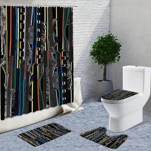 Geometry Shower Curtains 4 Piece Set Yellow Rectangle Stitching Pattern Linear Striped Bathroom Curtain Set Bath Mats Rug Carpet