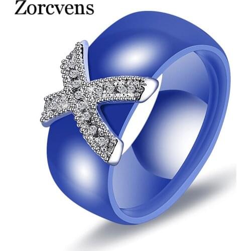ZORCVENS 8mm White Black Ceramic Rings Plus Big Cubic Zirconia For Women Stainless Steel Wedding Ring Engagement Jewelry