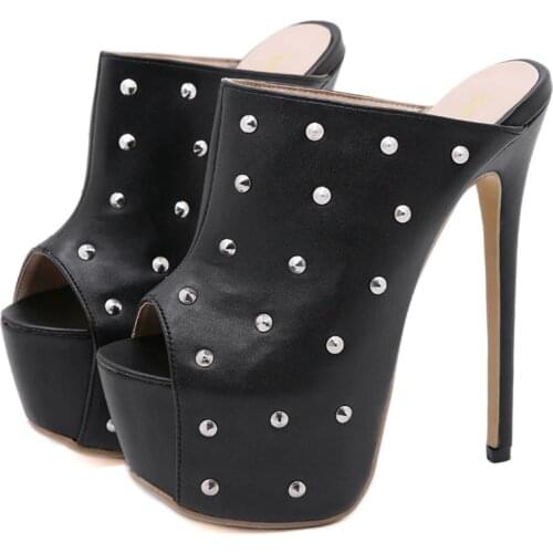 Women High Platform Slippers Pumps 2021 Super High Heels 16cm Ladies Retro Rivets Shoes Peep Toe Soft Leather Party Sandal Black