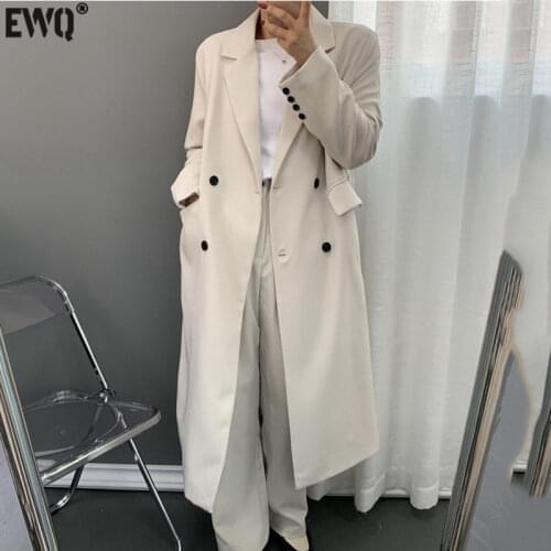 [EWQ] Korea Chic Temperament White Blazer Womens Autumn 2021 New Notched Loose Double Breasted Long Sleeve Long Suit Jacket