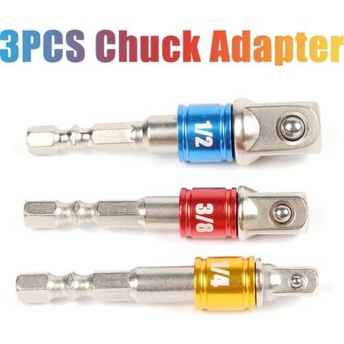 1/4" 3pcs Hex Shank Wrench Drive Power Drill Socket Drill Adapter Socket Extension Bit Adaptor Set 1/4 3/8 1/2" Screwdriver Tool