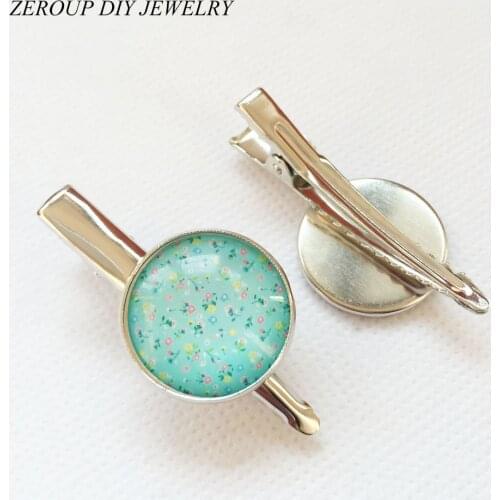 20mm 10pcs Silver Color Plated Hair Clips Hairpin Cameo Glass Cabochons Base Supplies for Jewelry HC-007