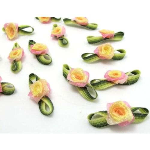 50 Pieces Chiffon Rose Flower Buds with Leaf Loop|Ombre Color|Flower Applique|Fabric Flower|Baby Doll|Craft Bow
