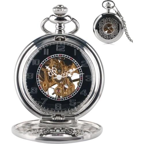 2020 Luxury High Quality Silver Skeleton Carving Steam Mechancial Hand Wind Pocket Watch Men Women Gift With Chain