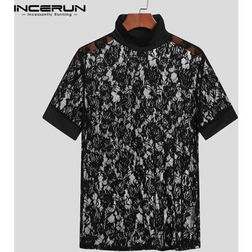2021 Men T Shirt Streetwear Mesh Lace See Through Turtleneck Short Sleeve Tee Tops Sexy Party Nightclub Casual Camisetas INCERUN