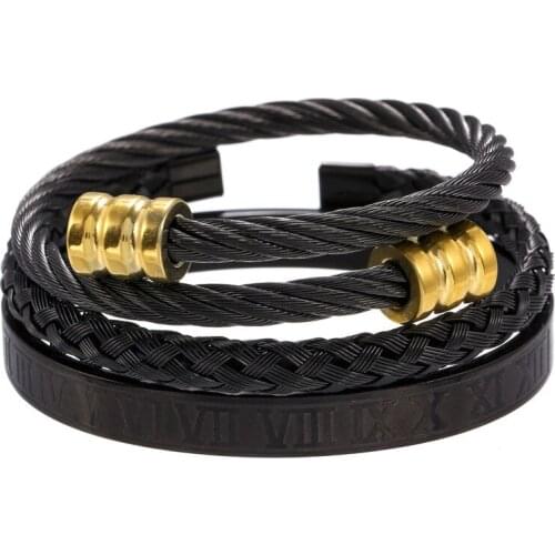 3 pcs/lot gold black spiral two cuff bracelet palated copper bead square stainless steel adjustable bangle keep color for unisex