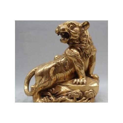 9" China Brass Folk Animal Tree Fengshui Zodiac Year Tiger Sculpture Statue