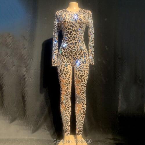 Shining Silver Mirrors Jumpsuit Mesh Dance Costume Women stage Performance Dance Net Yarn Bodysuit Sexy Nightclub Wear YOUDU