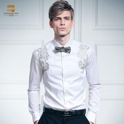 Fanzhuan Free Shipping New 2016 fashion casual male Mens spring embroidered flowers white shirt Silver Palace design 612025