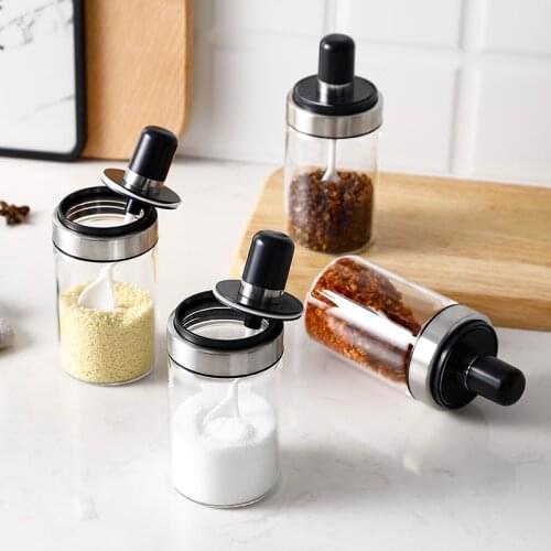 Sealed Glass Storage Jars With Spoon Seasoning Bottles Oil Pot Spices Cans Sauce Container Box Salt Tank Kitchen Organizer Tools