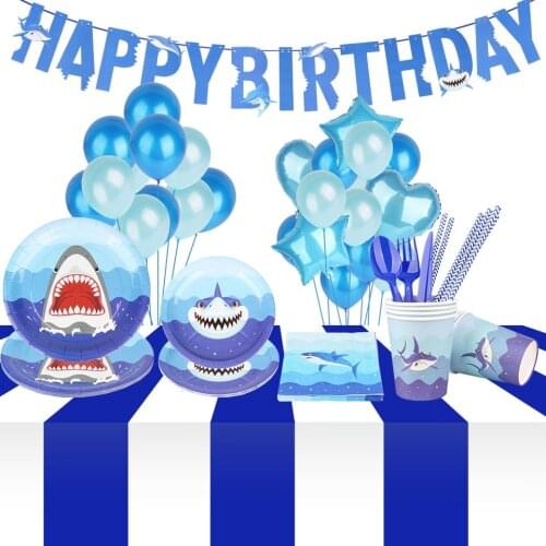 Blue Shark Theme Birthday Party Decorations Kids Balloons Pompom Photobooth Disposable Tableware Baby Shower Decor Home Supplies