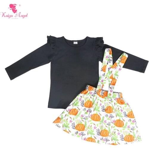 Kaiya Angel Ruffle Girls Boutique Outfits Long Sleeved Black Shirts Pumpkin Printed Skirt Children Back To School Clothing Sets