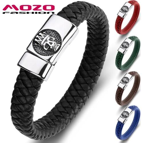 MOZO FASHION Crown Skull Punk Genuine Leather Stainless Steel Magnet Buckle Women Bracelet Handmade Cool Men Gifts Jewelry 090