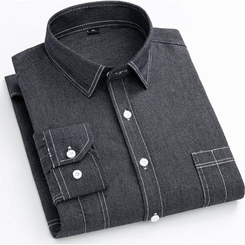 Mens New Denim Long Sleeve Pocket Shirt Classic Business Office Design Casual Work Clothes High Quality Denim Menswear