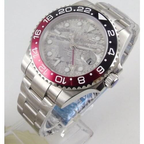 Mechanical Men Watch 40mm GMT Function Date Window Black Red Bezel Automatic Movement Mental Bracelet