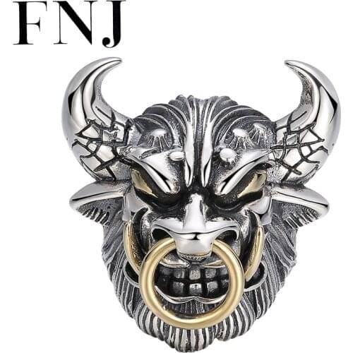 FNJ Punk Animal OX Head Ring 925 Silver Adjustable Size 100% Original Real S925 Solid Silver Rings for Men Jewelry Size 9-11