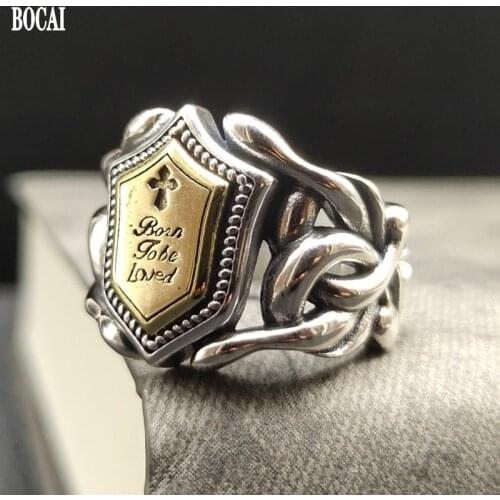 BOCAI 2021 trend 100% s925 Silver JewelrySix-Character Mantra ring for Men Daming Mantra Adjustable Wide Version Ethnic Man Ring
