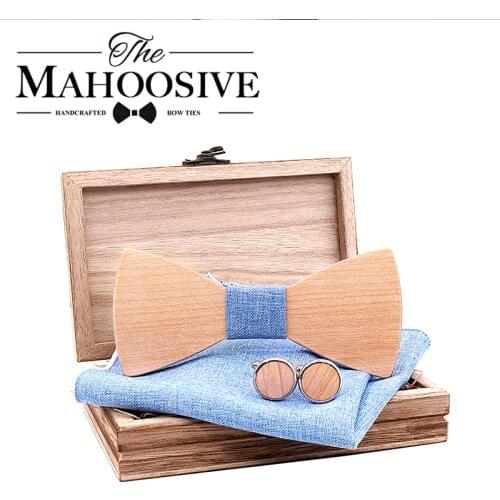 Wooden Bow Tie Set Gentleman Groom wooden necktie Butterfly Wedding Party Bow Ties Cufflinks hanky Butterfly Wooden Tie For Man