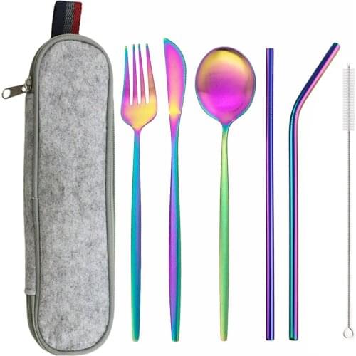 Portable Lunch Rainbow Dinnerware Cutlery Set Stainless Steel Spoon Fork Travel Outdoor Tableware Dining Canteen Flatware Set