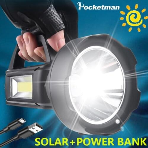 Solar Portable Lamp Flashlight Strong Light Long-range Spotlight USB Rechargeable Outdoor Searchlight Power Bank Camping Light