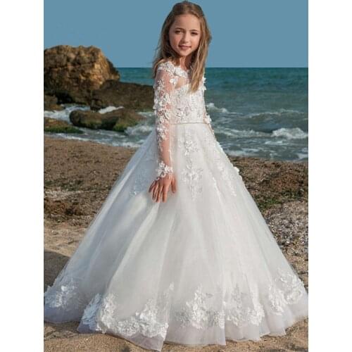 Flower Girls Dress Lace Appliques Tulle Floor Length Backless First Communion fluffy party Dresses