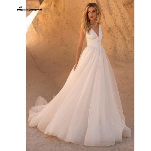 Lakshmigown Sleeveless V-Neck Tulle A-Line Wedding Dress With Button Details And V-Back Robe De Mariee