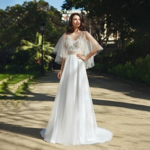 Butterfly Sleeves A-line Lace Applique with Champagne Tulle Ruched Waistline Wedding Dress Open Back Bridal Dress vestido de