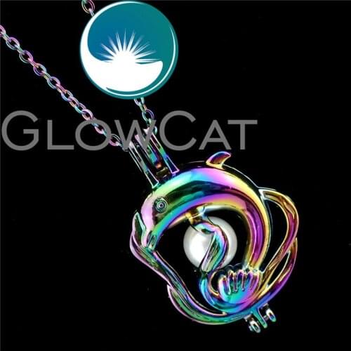 R-C311 Rainbow Colors Dolphin Beads Cage Pendant Essential Oil Diffuser Aromatherapy Pearl Cage Locket Necklace