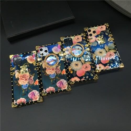 Luxury Glitter Square Case for iPhone 12 11 PRO MAX Holder Cover Flower Phone Cases for iphone X XS Max XR 7 8 Plus 6 6S Plus