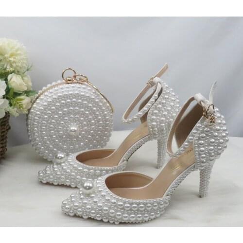 LoveinCrystal White Beads Big Pearl wedding shoes High heels Ankle Strap shoes Bride Pointed Toe party dress shoes