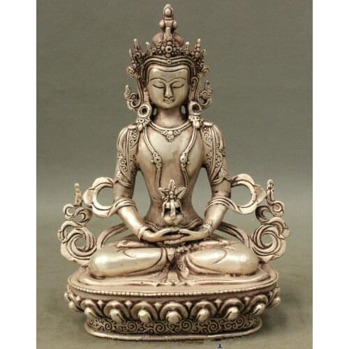 Tibet Buddhist Silver Amitayus Longevity God Goddess GuanYin Buddha Statue metal handicraft