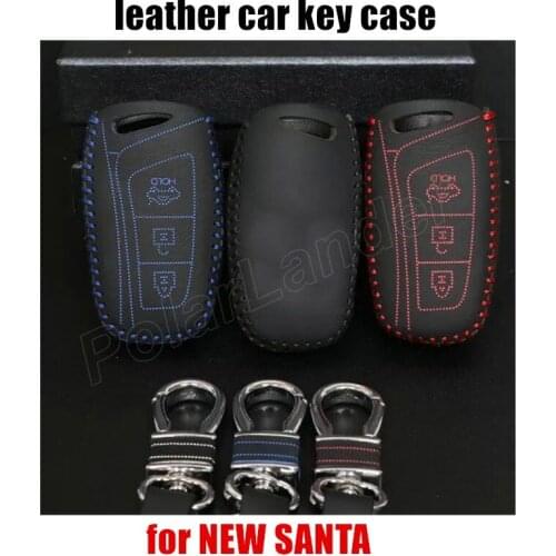 Only Red car key case Genuine quality leather Hand sewing car key cover DIY car styling fit for HYUNDNAI NEW SANTA