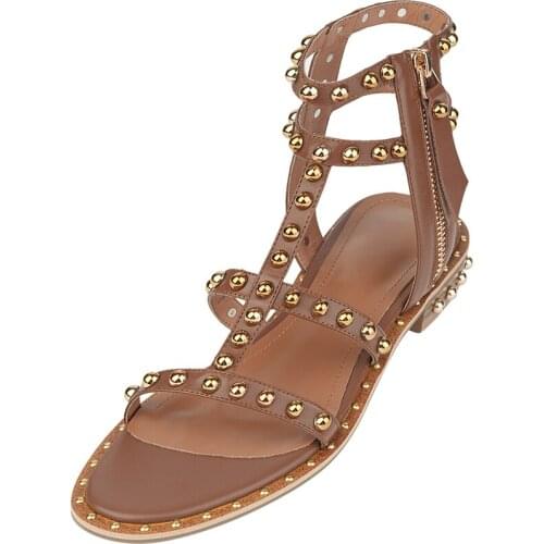 Kmeioo fashion Genuine leather romman Shoes Woman Sandals Summer rivet flat shoes Open Toe Belt Buckle causal Gladiator shoes