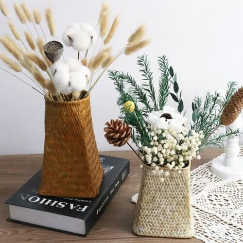 INS Woven Vase Handmade Seagrass Vase Decorative Home Seaweed Flower Basket Arrangement Flower Bottle Holder Home Ornaments