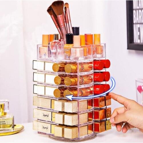 Rotating Lipstick Storage Box Makeup Organizer Cosmetic Lipstick Display Stand Plastic Box 53 Grid Large Capacity Bracket Clear