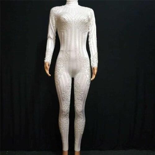 Y03 Female pole dance wears dress singer perform pearl bodysuit sexy women white jumpusit Elastic outfits dance costume clothes