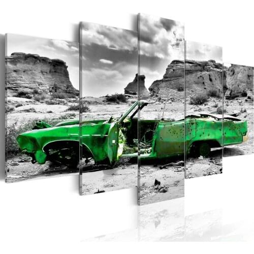 Green retro car at Colorado Desert 5 Piece Canvas Art Fractal Abstract Paintings On Canvas Wall Art For Home Decoration unframe