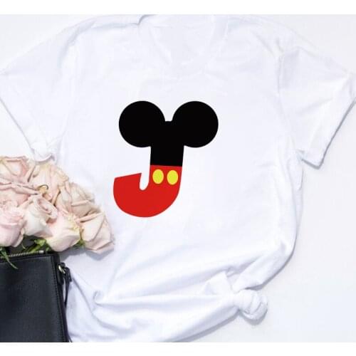 Women T Shirt Letter J Alphabet Tshirts Mickey Mouse Minnie Mouse Cartoon Disney T-shirts Girls Ladies Harajuku Female Clothes