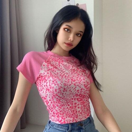 Woman Tshirts Pink Leopard Slim O-neck Streetwear Summer Style Tees Female Fashion Brand Y2k Crop Top Ladies New Hot 2021