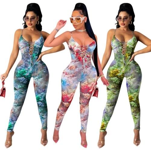 Casual Streetwear Oil Painting Floral Print Jumpsuit Women Sexy Deep V Neck Bandage Leggings Club wear Jumpsuit Romper Outfits